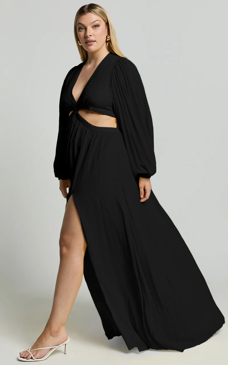 Paige Maxi Dress - Side Cut Out Balloon Sleeve Dress in Black