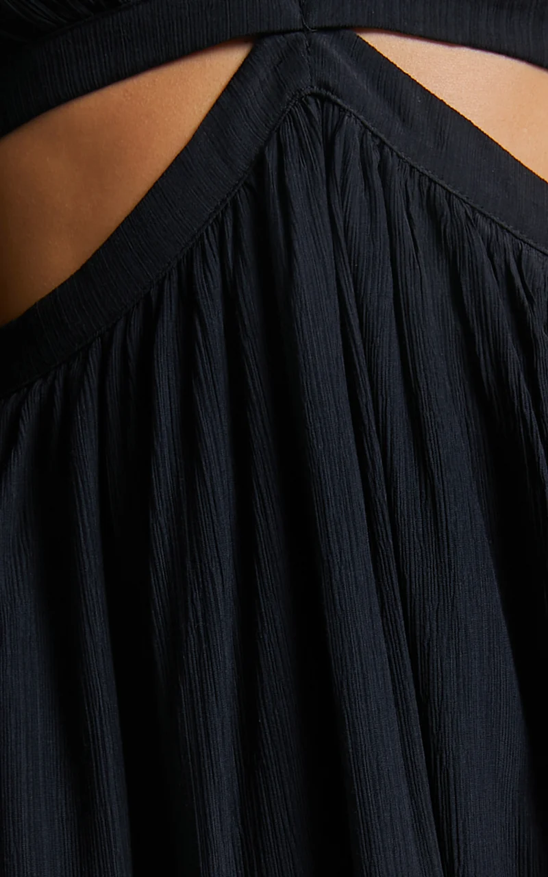 Paige Maxi Dress - Side Cut Out Balloon Sleeve Dress in Black