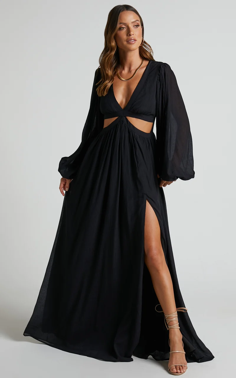 Paige Maxi Dress - Side Cut Out Balloon Sleeve Dress in Black