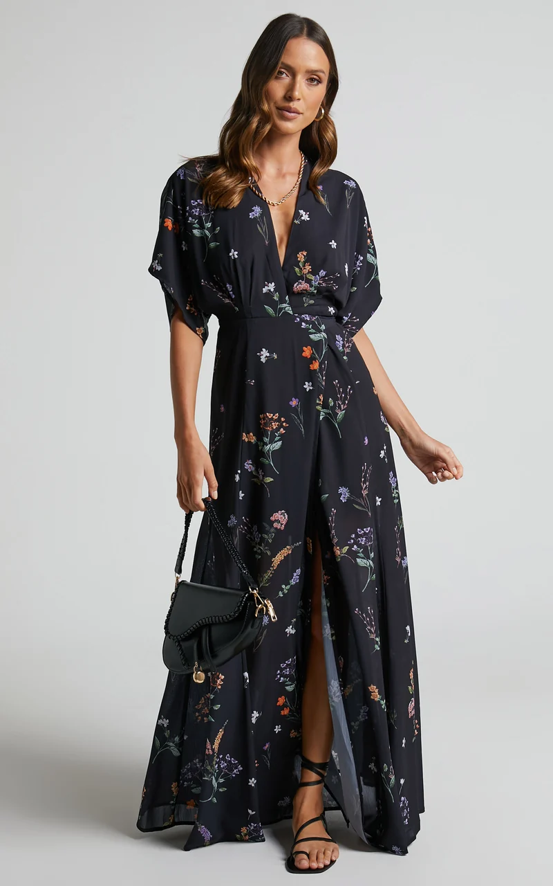 Erenza Maxi Dress - Extended Sleeve Wrap Dress in Black Flower Field