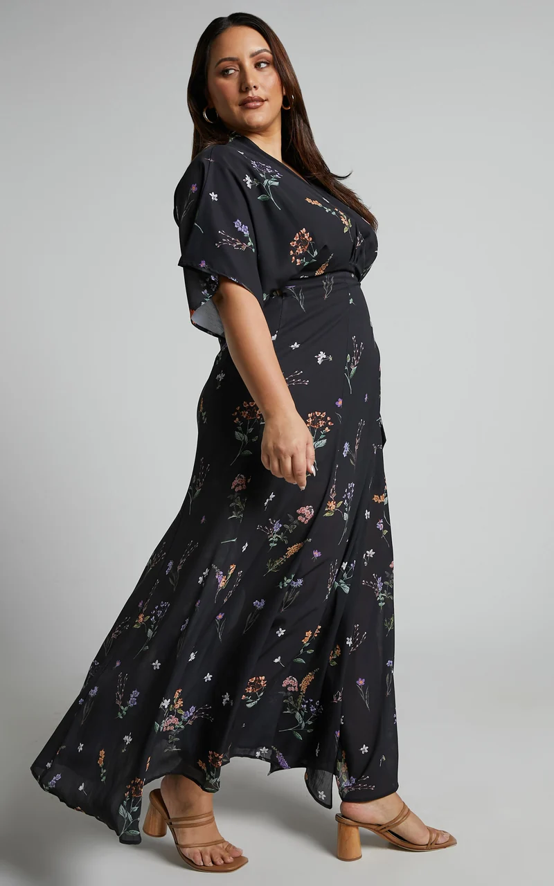 Erenza Maxi Dress - Extended Sleeve Wrap Dress in Black Flower Field