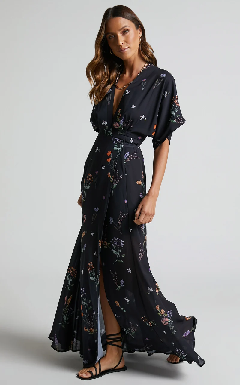 Erenza Maxi Dress - Extended Sleeve Wrap Dress in Black Flower Field