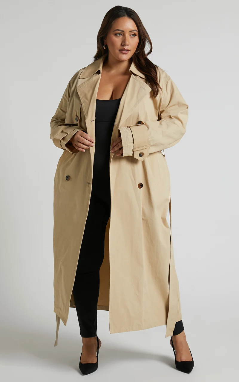 Avah Trench Coat - Double Breasted Tie Waist Coat in Camel
