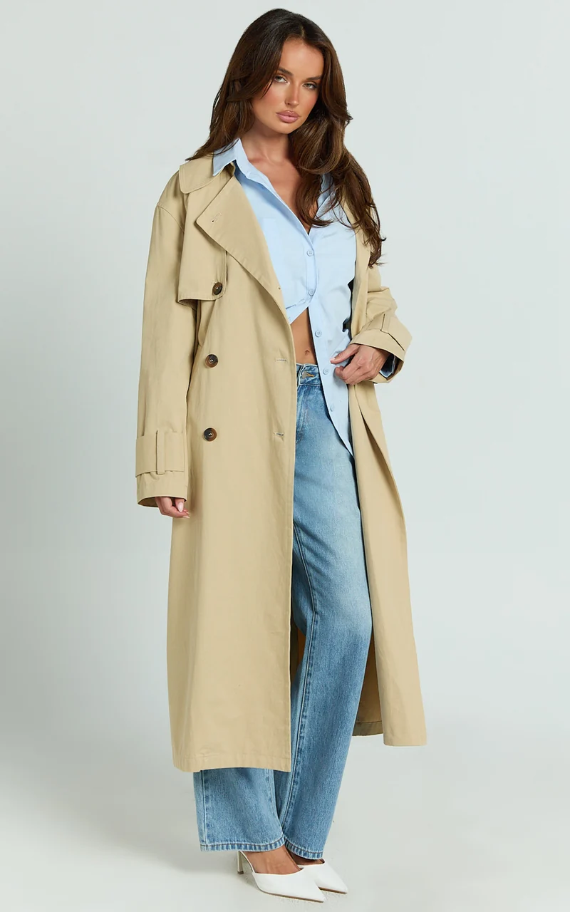 Avah Trench Coat - Double Breasted Tie Waist Coat in Camel
