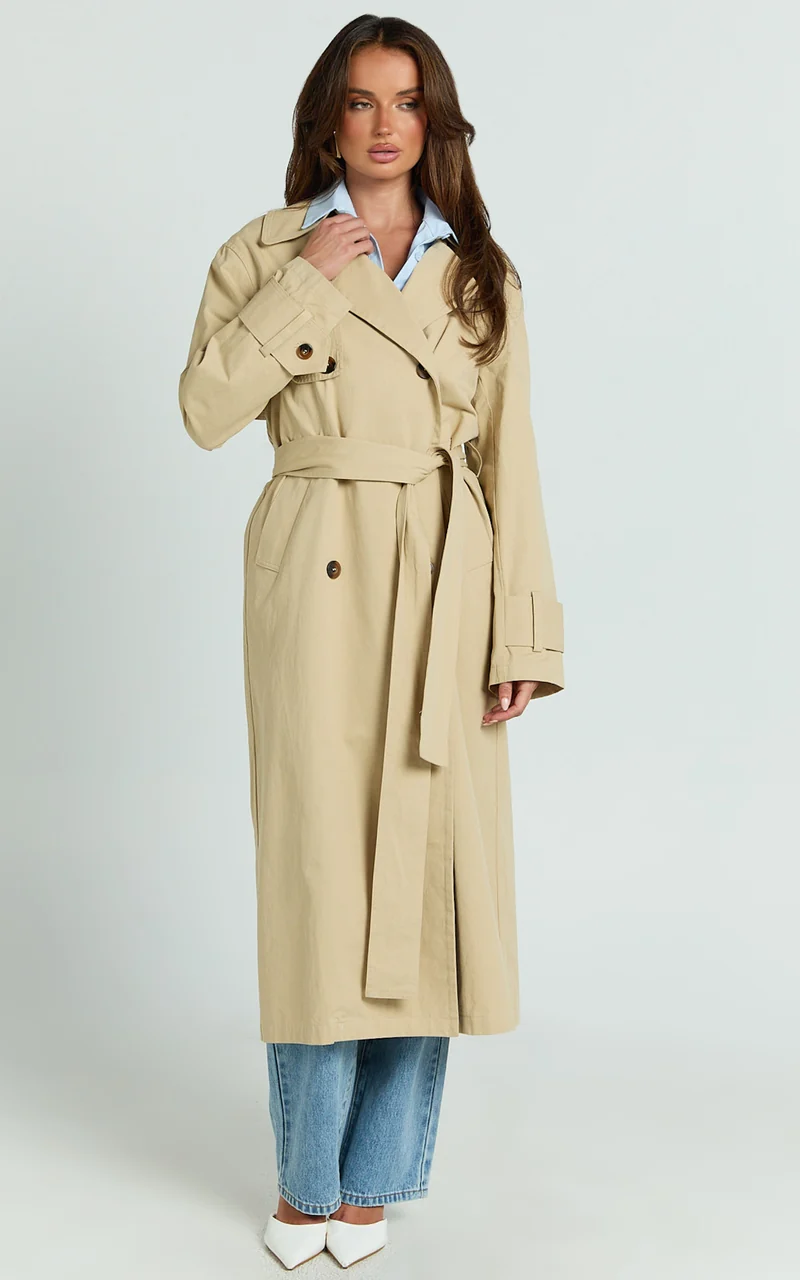 Avah Trench Coat - Double Breasted Tie Waist Coat in Camel
