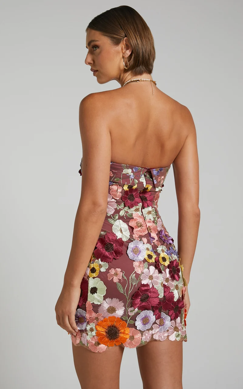 Wren Mini Dress - Strapless Bodycon Garden Flowers Dress in Burgundy