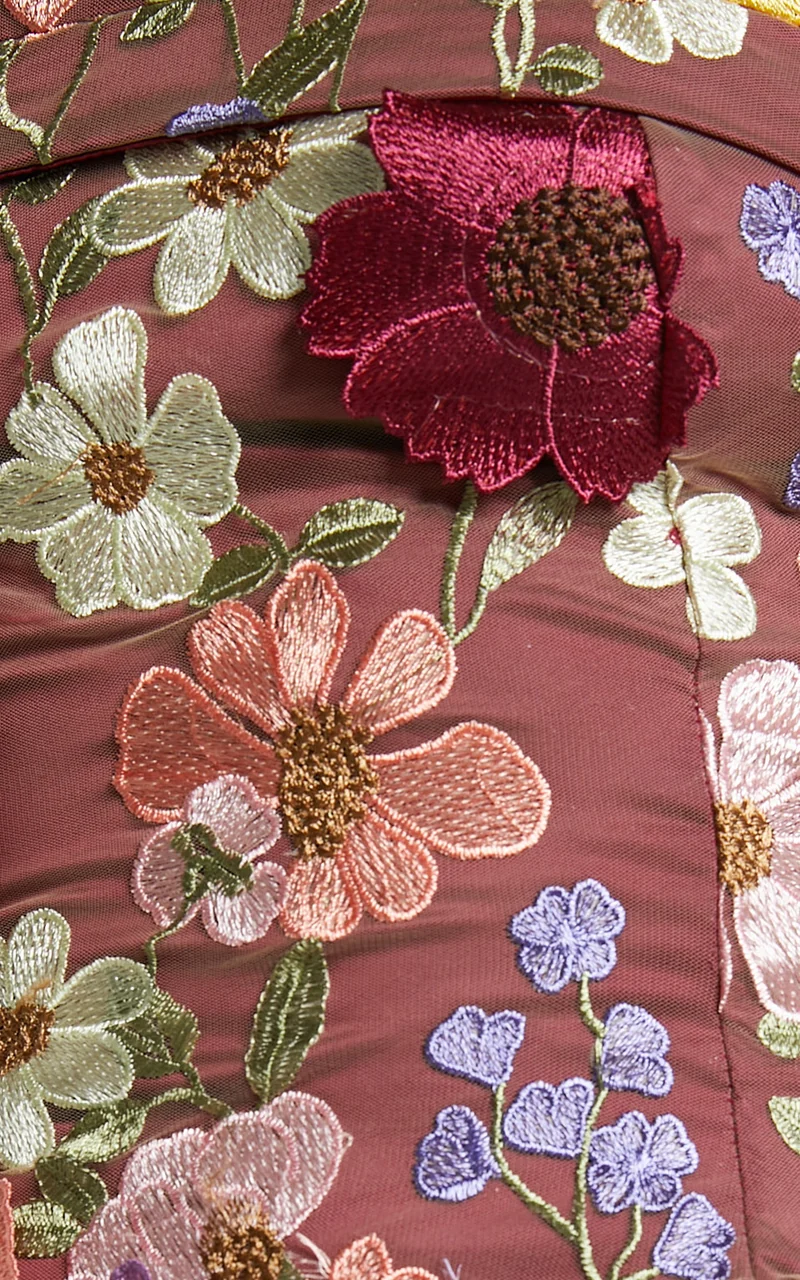 Wren Mini Dress - Strapless Bodycon Garden Flowers Dress in Burgundy