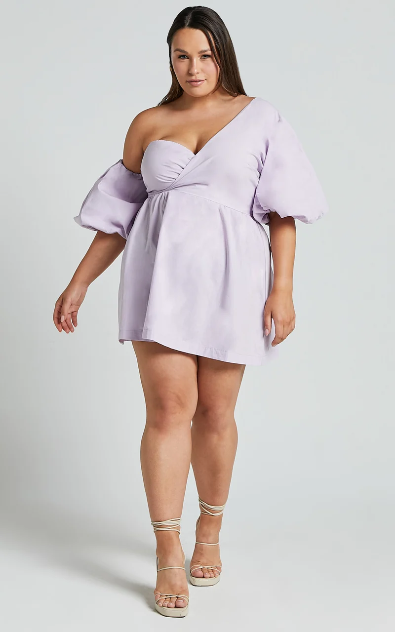 Sula Mini Dress - Asymmetric Off One Shoulder Puff Sleeve Dress in Lilac