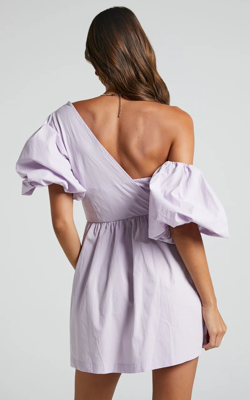 Sula Mini Dress - Asymmetric Off One Shoulder Puff Sleeve Dress in Lilac