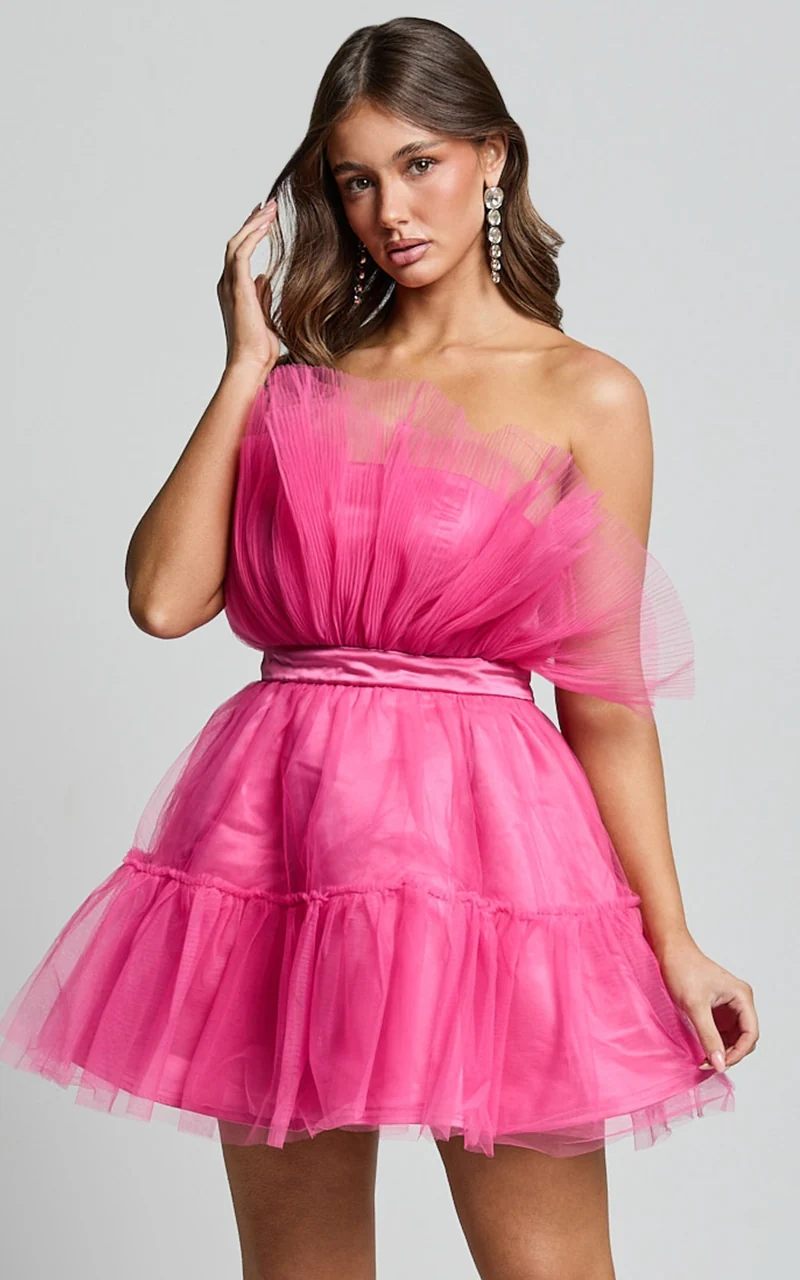 Amalya Mini Dress - Tiered Tulle Fit and Flare Dress in Hot Pink