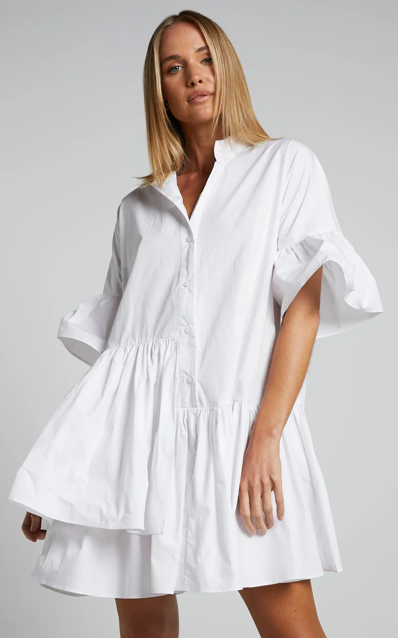 Elowen Mini Dress - Button Up Asymmetrical Tiered Smock Dress in White
