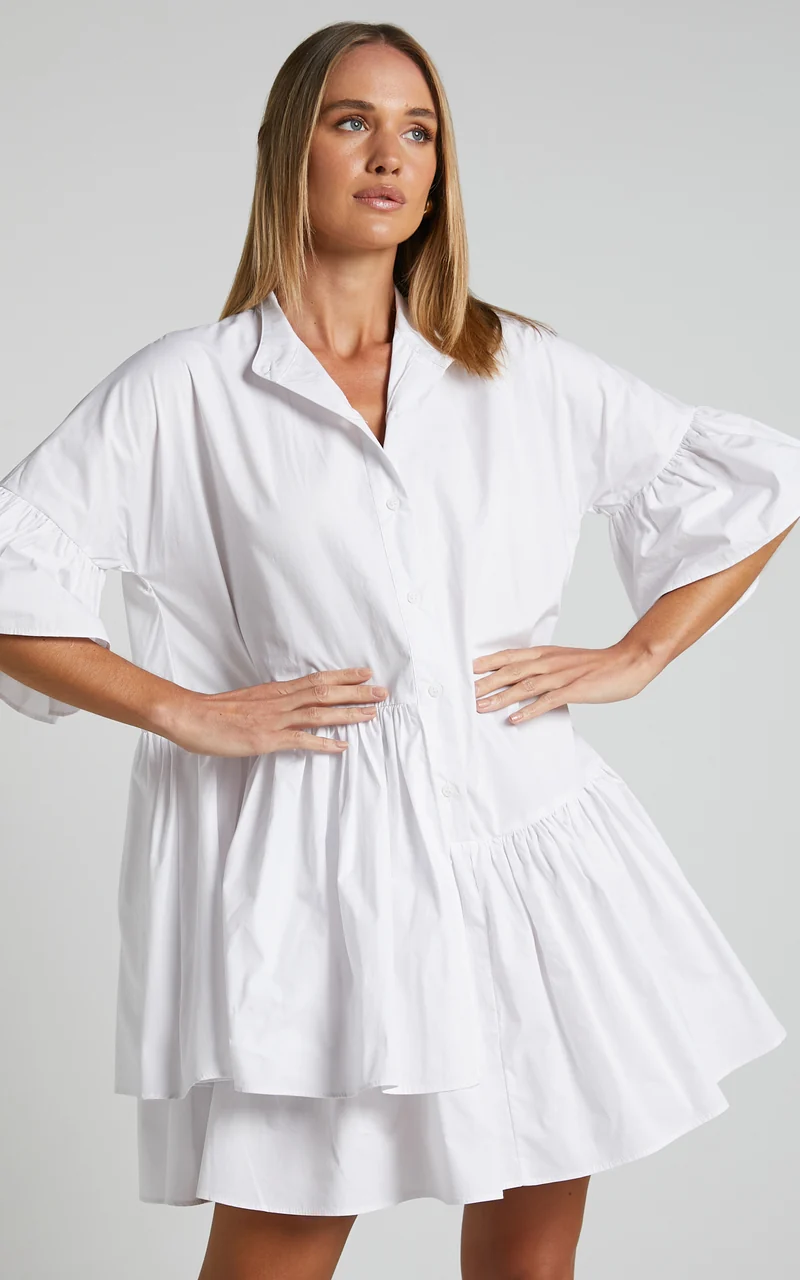 Elowen Mini Dress - Button Up Asymmetrical Tiered Smock Dress in White