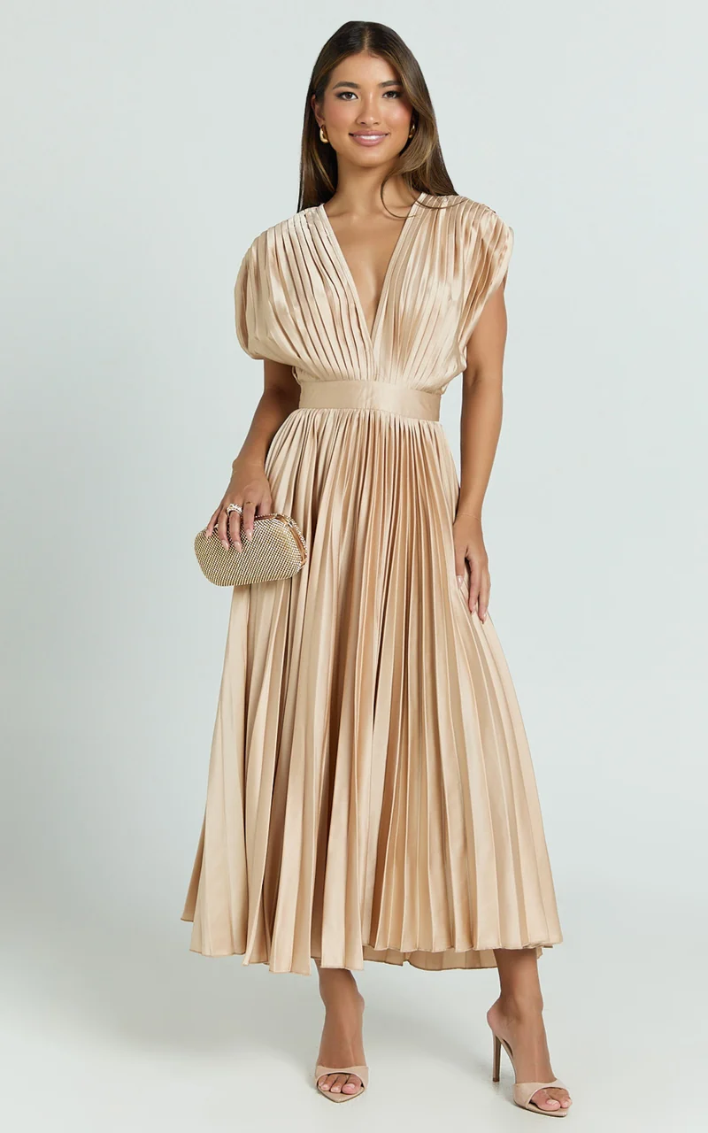 Della Midi Dress - Plunge Neck Short Sleeve Pleated Dress in Champagne