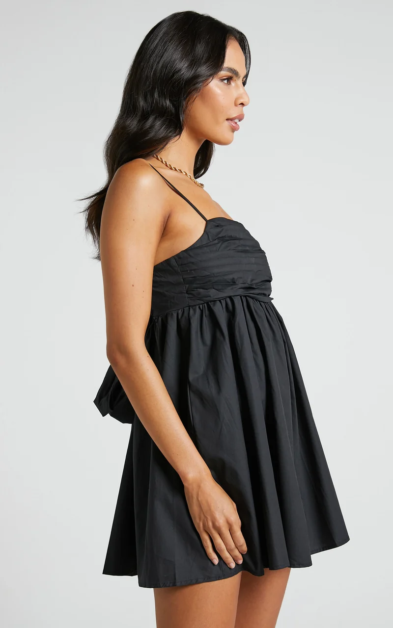 Clover Mini Dress - Back Bow Babydoll Dress in Black