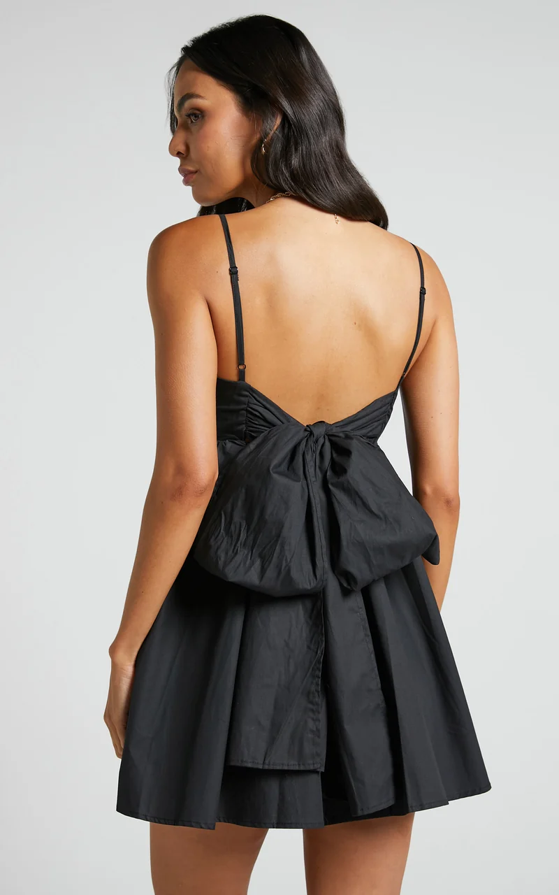 Clover Mini Dress - Back Bow Babydoll Dress in Black