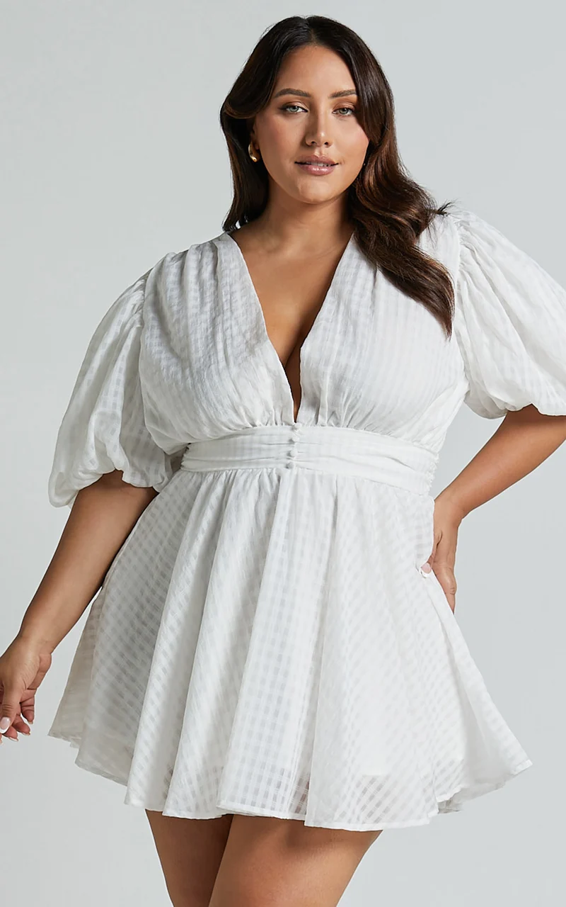 Xandy Mini Dress - Textured Puff Sleeve Plunge Dress in White