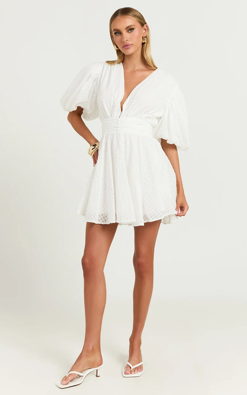 Xandy Mini Dress - Textured Puff Sleeve Plunge Dress in White