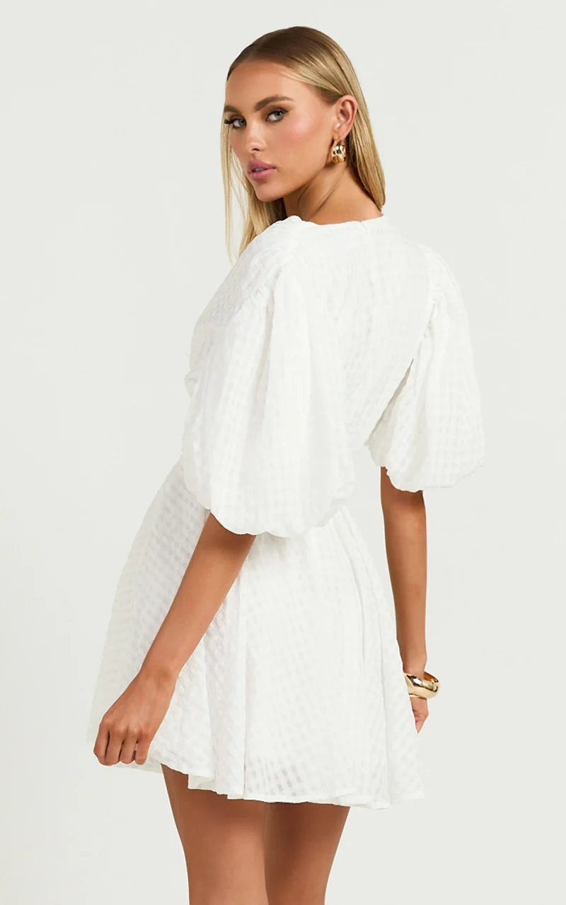 Xandy Mini Dress - Textured Puff Sleeve Plunge Dress in White