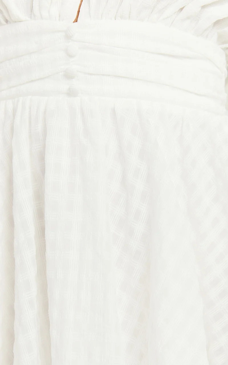 Xandy Mini Dress - Textured Puff Sleeve Plunge Dress in White