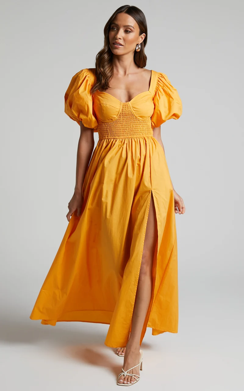 Raiza Midi Dress - Shirred Waist Puff Sleeve Dress in MARIGOLD