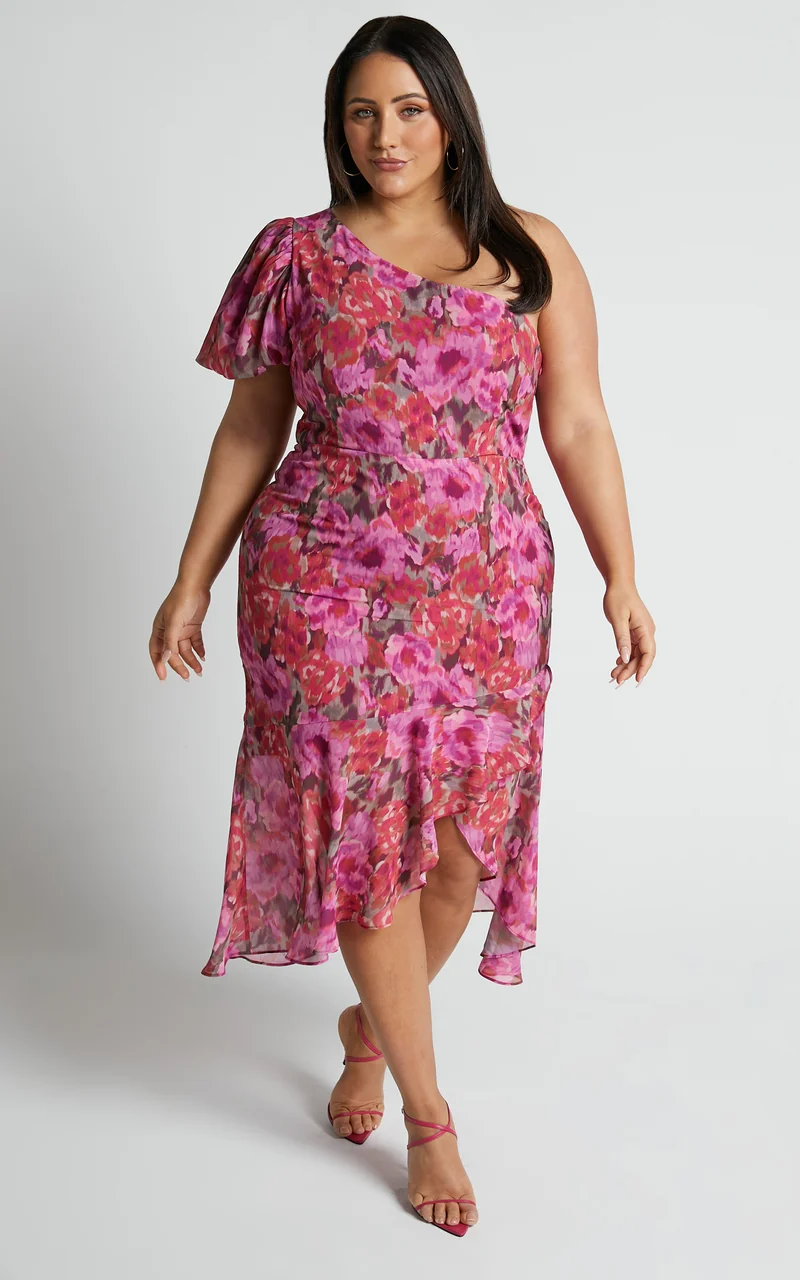 Clabelle Midi Dress - One Shoulder Ruffle Tulip Hem Dress in Violette Blur Floral
