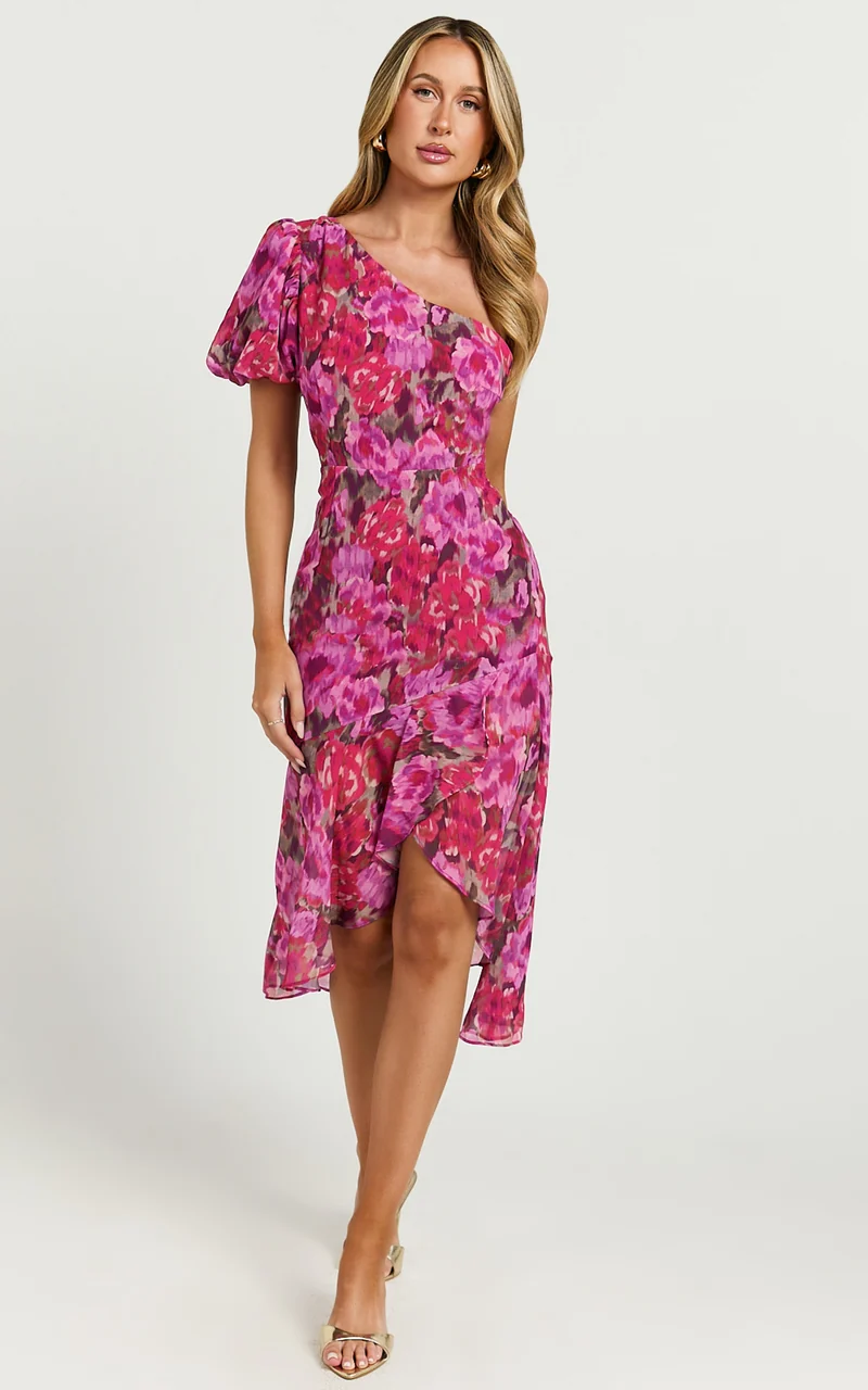 Clabelle Midi Dress - One Shoulder Ruffle Tulip Hem Dress in Violette Blur Floral