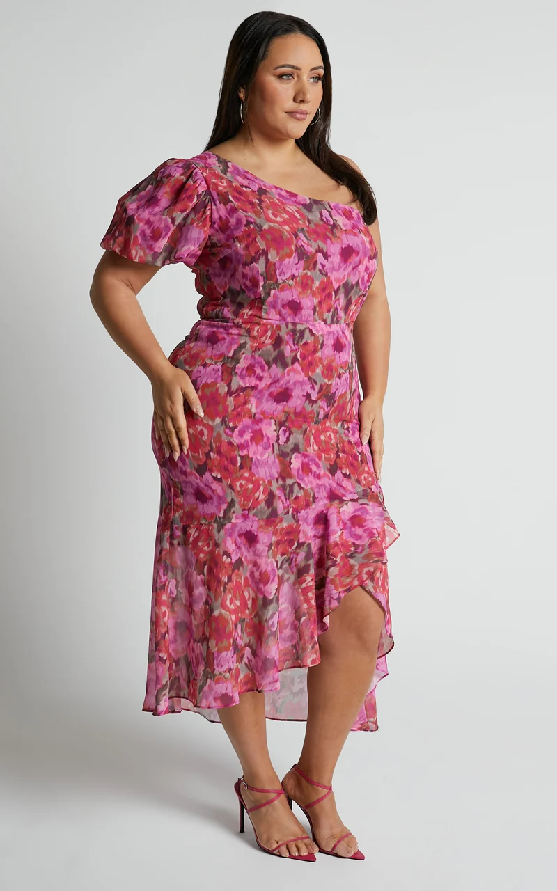Clabelle Midi Dress - One Shoulder Ruffle Tulip Hem Dress in Violette Blur Floral