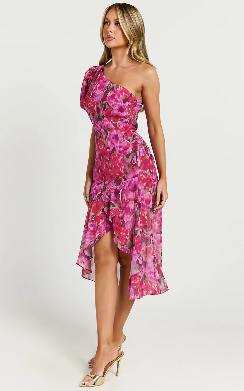 Clabelle Midi Dress - One Shoulder Ruffle Tulip Hem Dress in Violette Blur Floral