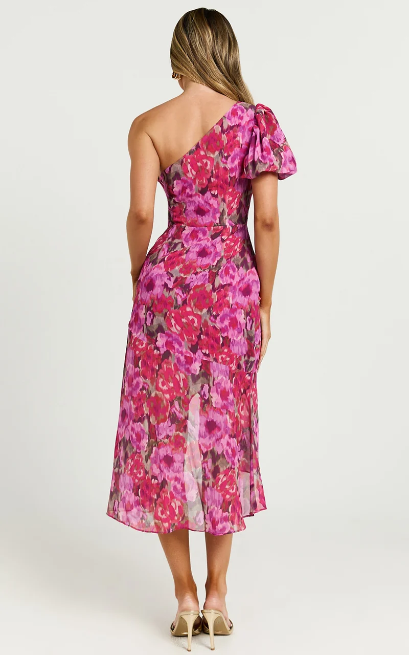 Clabelle Midi Dress - One Shoulder Ruffle Tulip Hem Dress in Violette Blur Floral