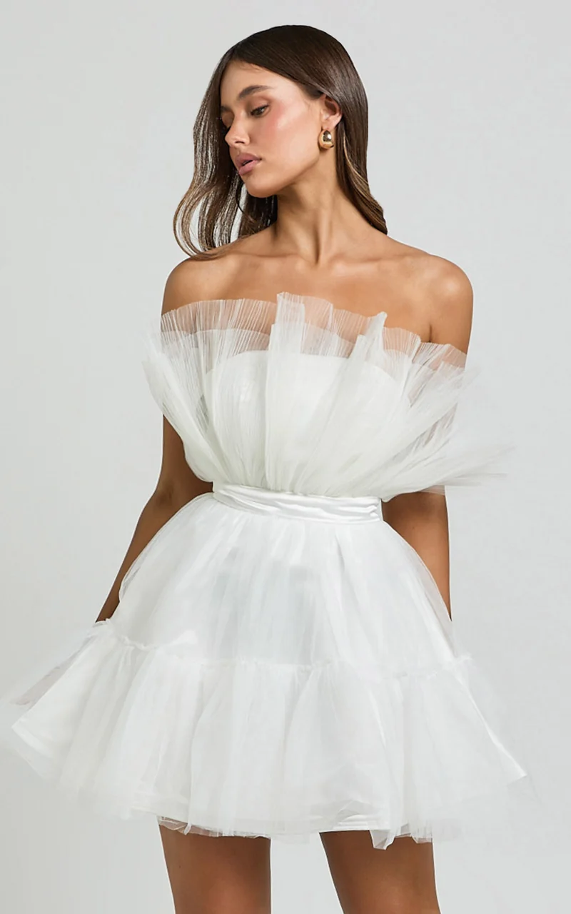 Amalya Mini Dress - Tiered Tulle Fit and Flare Dress in White