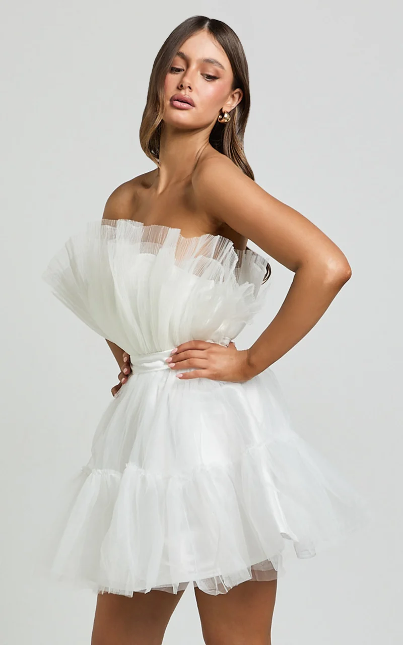 Amalya Mini Dress - Tiered Tulle Fit and Flare Dress in White