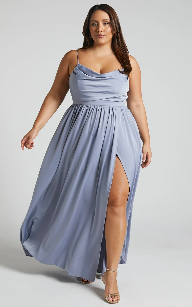 Gemalyn Maxi Dress - Cowl Neck Thigh Split Dress in Sky Blue