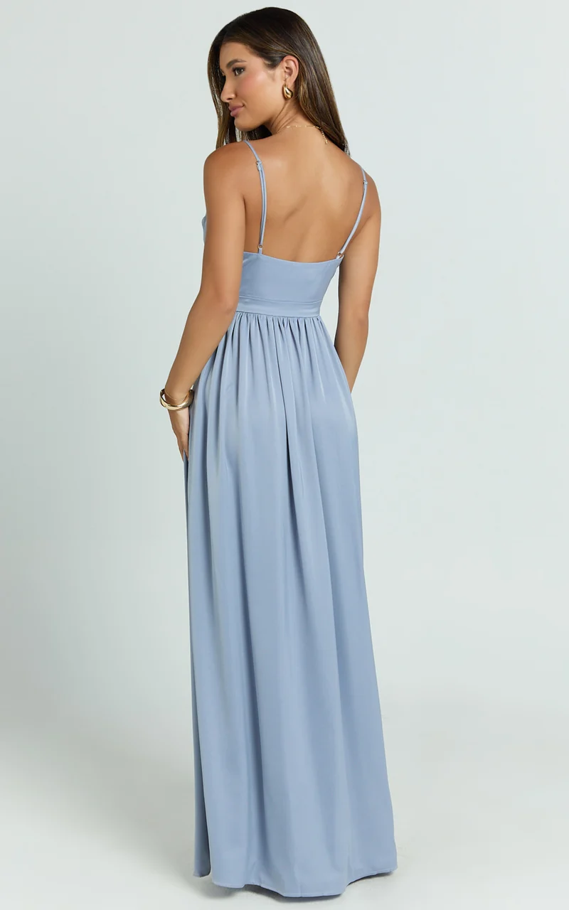 Gemalyn Maxi Dress - Cowl Neck Thigh Split Dress in Sky Blue
