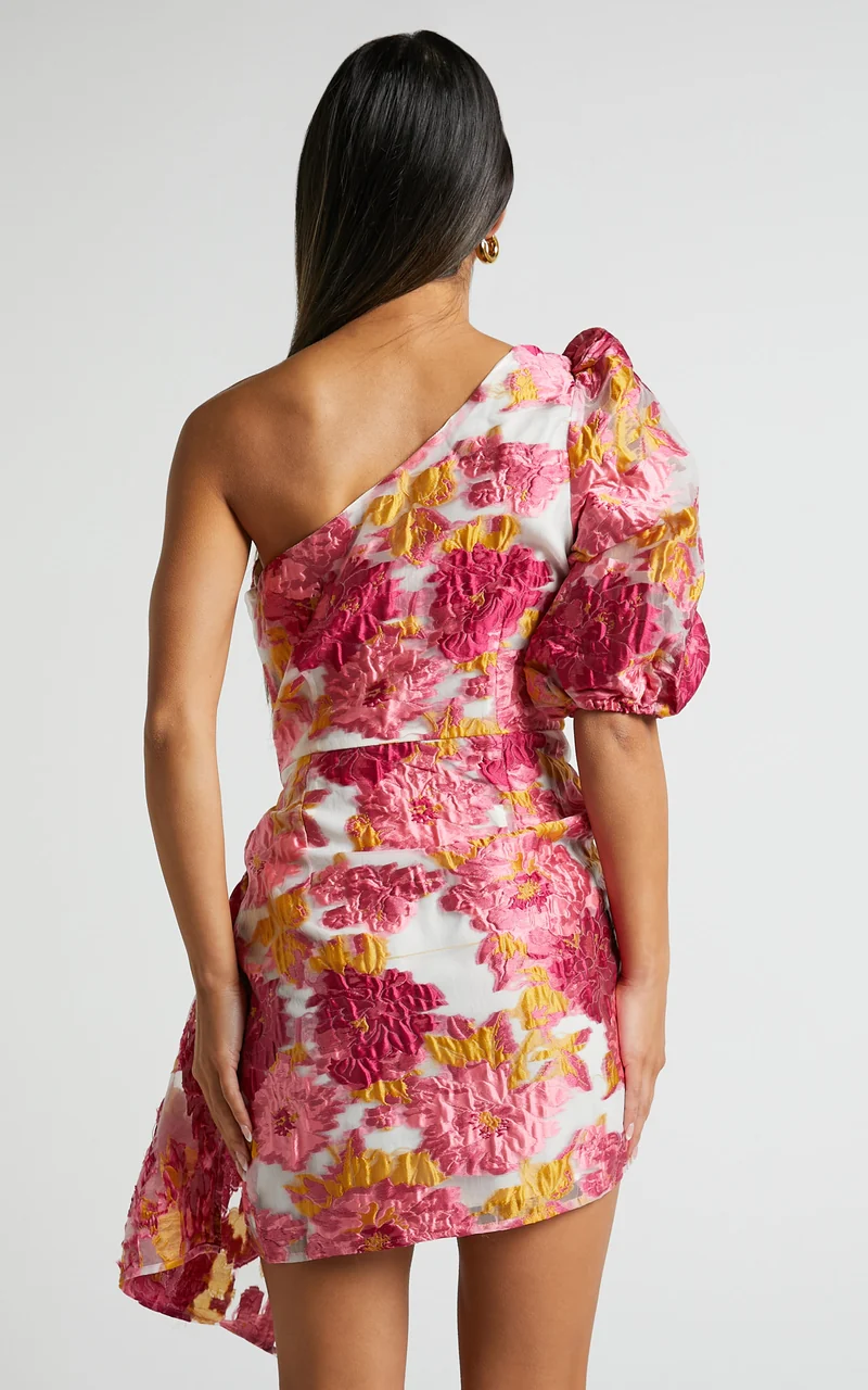 Brailey Mini Dress - One Shoulder Puff Sleeve Dress in Pink Jacquard
