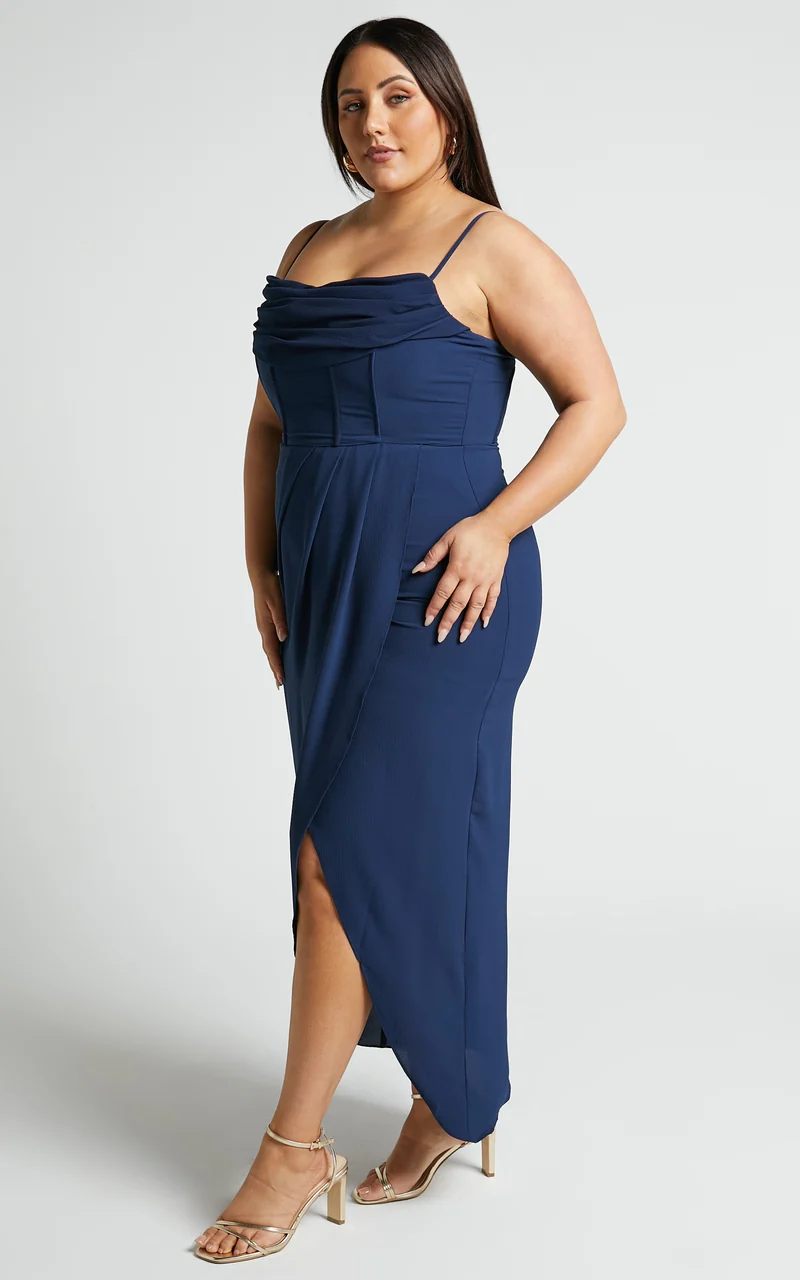 Andrina Midi Dress - High Low Wrap Corset Dress in Navy