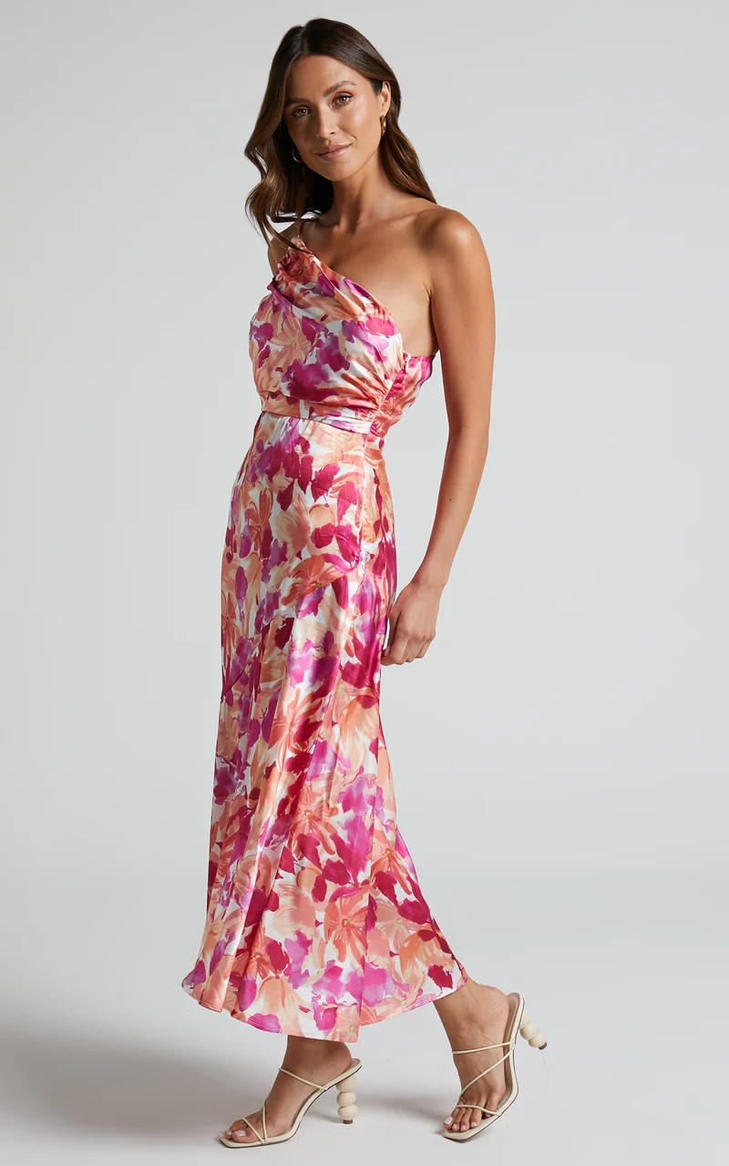 Alyssia Midi Dress - One Shoulder Ruched Satin Dress in Pink Floral
