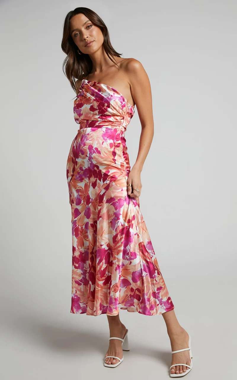Alyssia Midi Dress - One Shoulder Ruched Satin Dress in Pink Floral