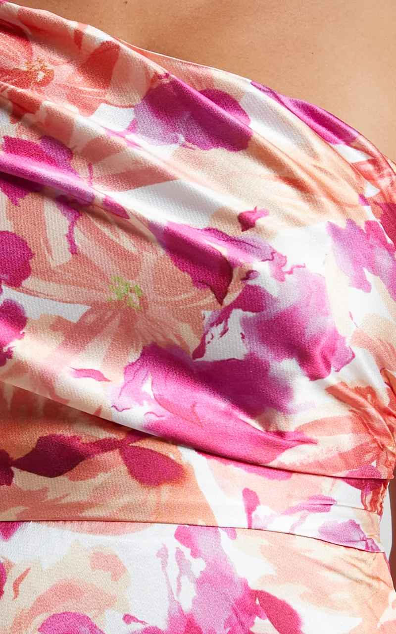 Alyssia Midi Dress - One Shoulder Ruched Satin Dress in Pink Floral
