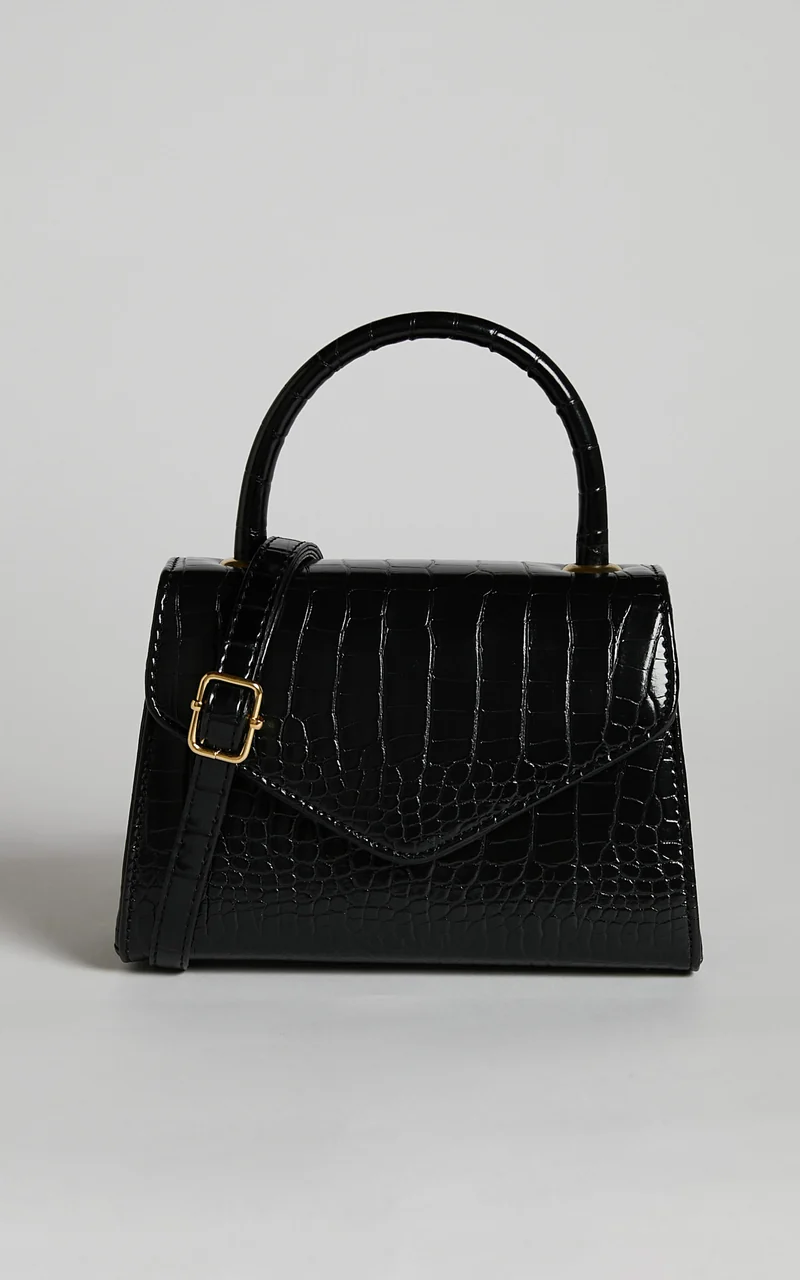 Marilou Bag - Croc Embossed Top Handle Crossbody Bag in Black