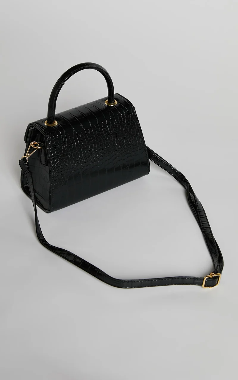 Marilou Bag - Croc Embossed Top Handle Crossbody Bag in Black