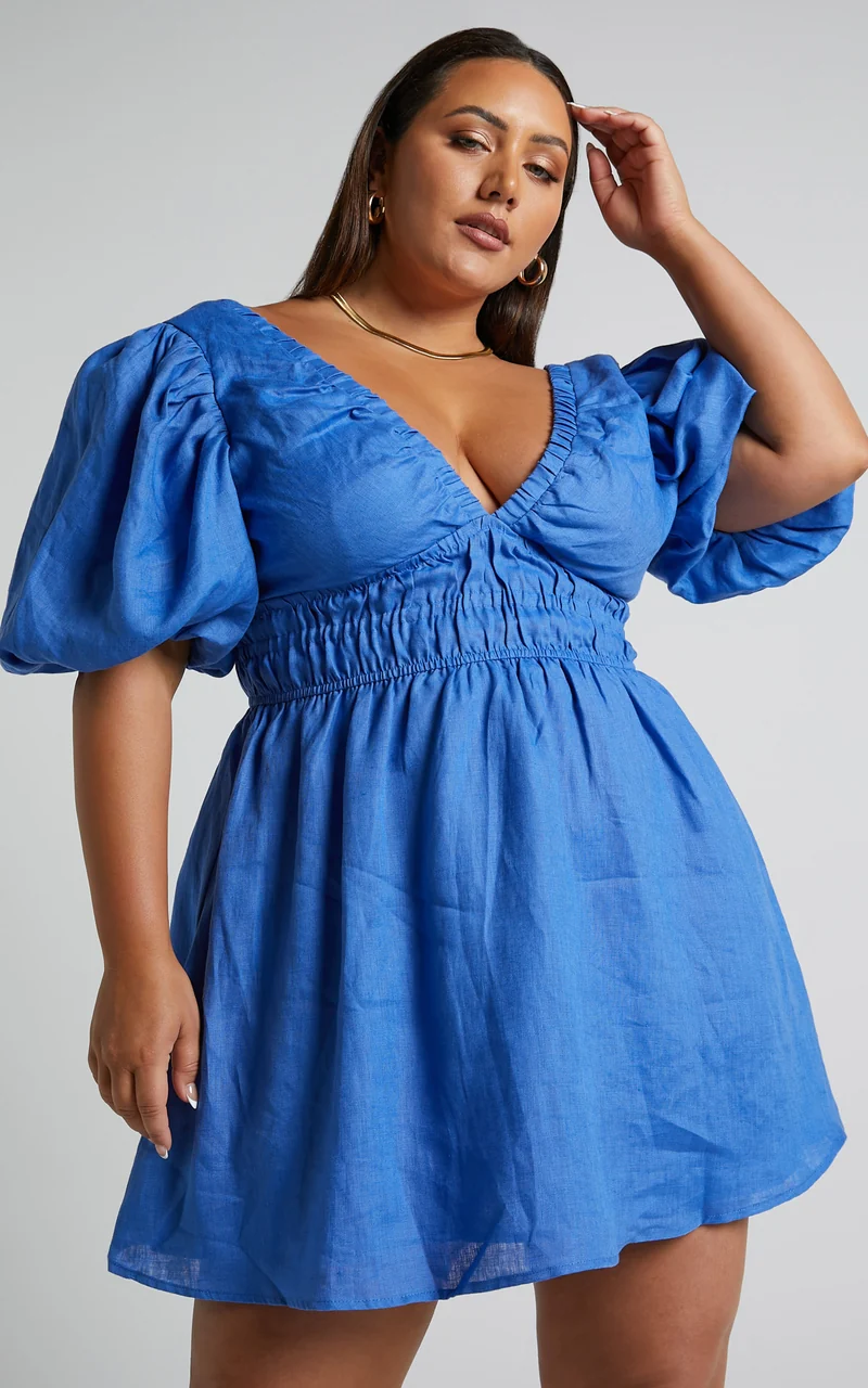 Amalie The Label - Khaila Linen Plunge Puff Sleeve Mini Linen Dress in Blue