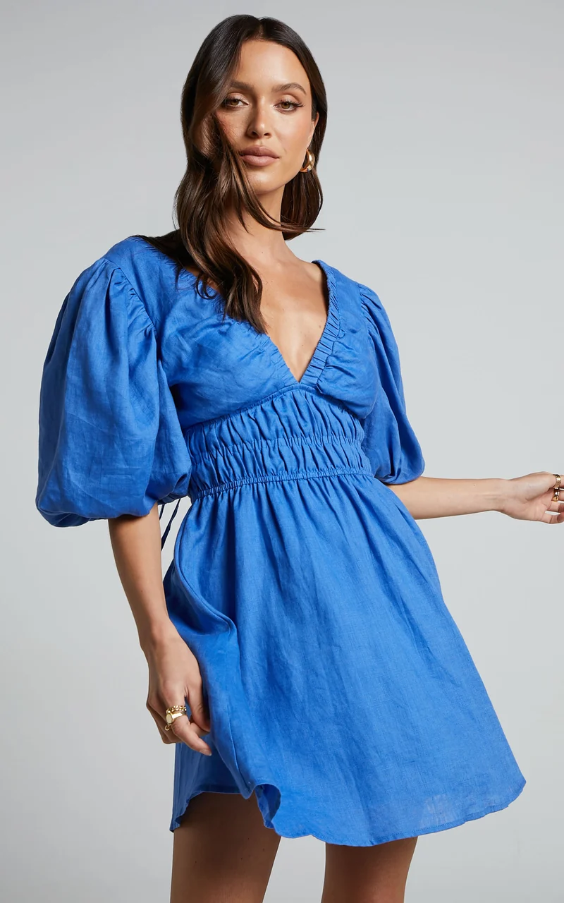 Amalie The Label - Khaila Linen Plunge Puff Sleeve Mini Linen Dress in Blue
