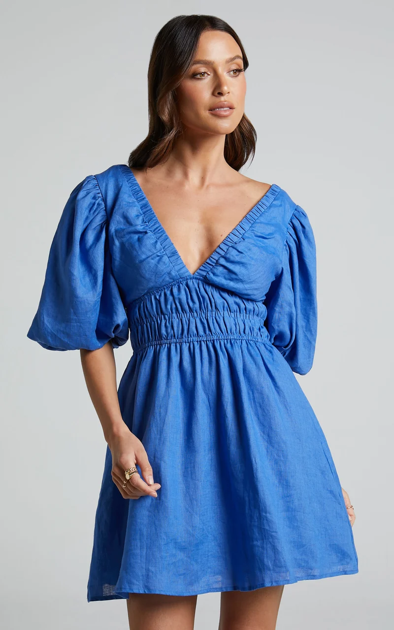 Amalie The Label - Khaila Linen Plunge Puff Sleeve Mini Linen Dress in Blue