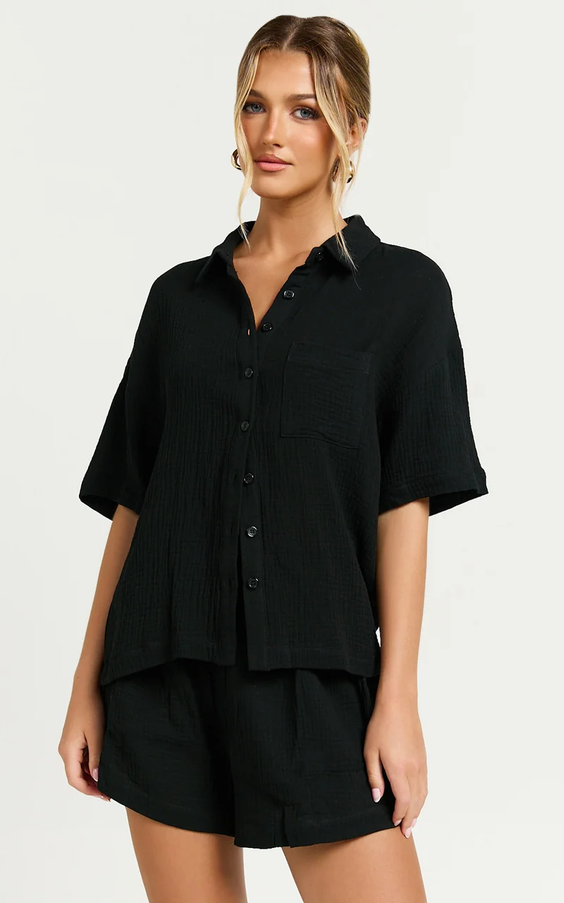 Donita Top - Button Up Shirt Top in Black