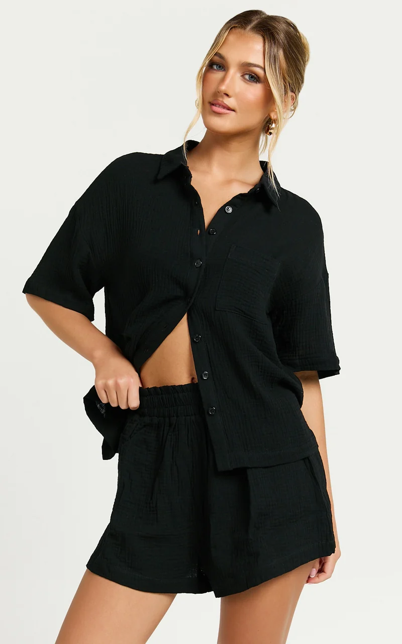 Donita Top - Button Up Shirt Top in Black