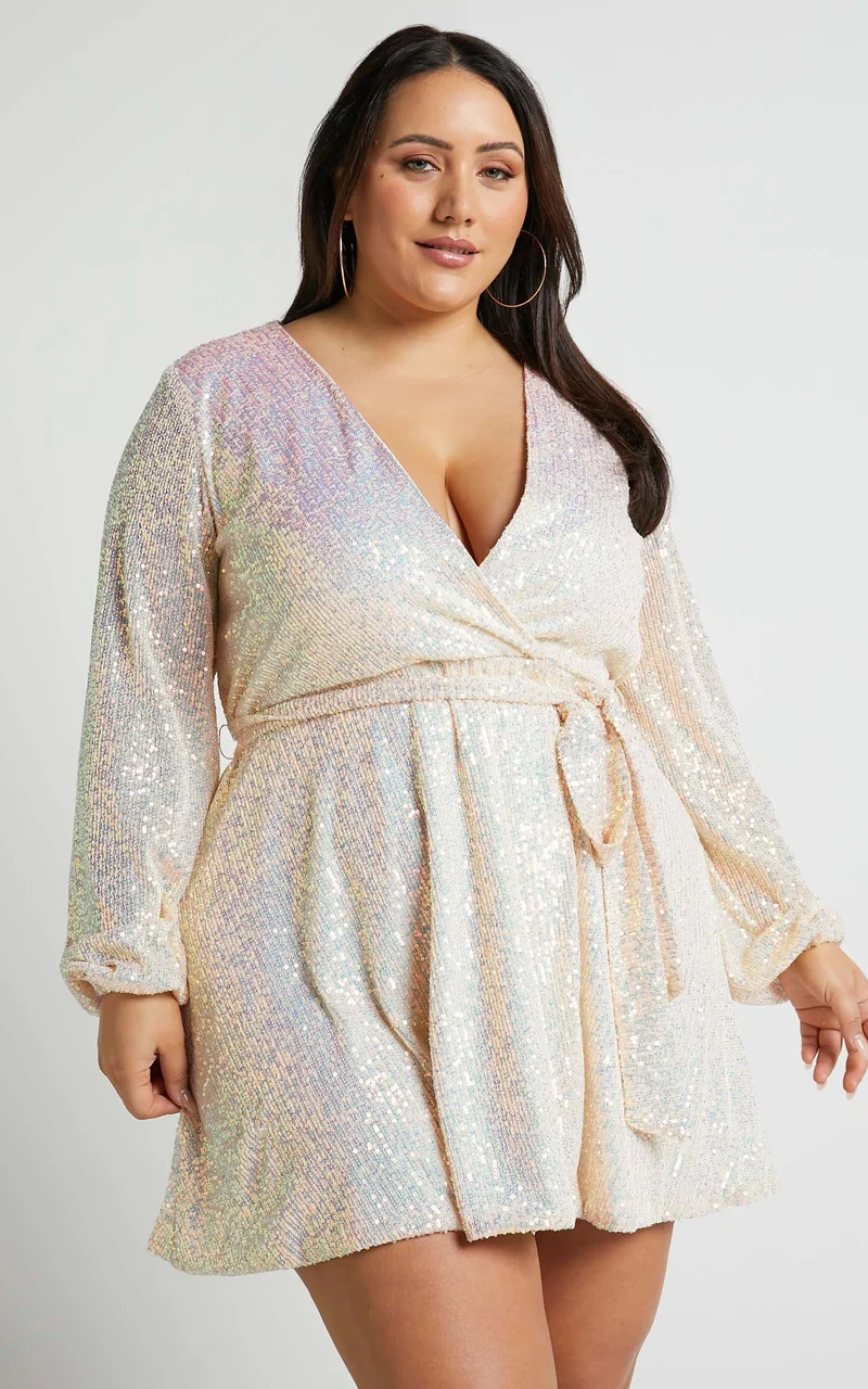 Three Of Us Mini Dress - Long Sleeve Wrap Dress in White Sequin