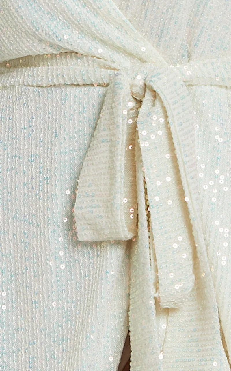 Three Of Us Mini Dress - Long Sleeve Wrap Dress in White Sequin