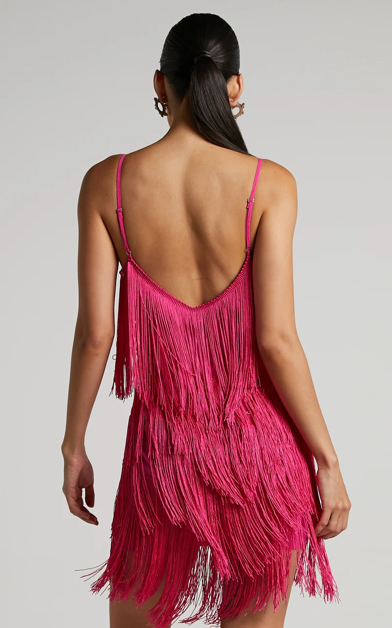 Siofra Mini Dress - Zig Zag Fringe Dress in Hot Pink