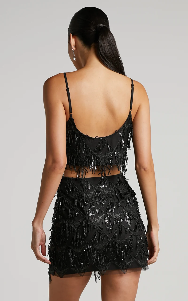 Khrizza Top - Sequin Diamond Mesh Cropped Cami Top in Black