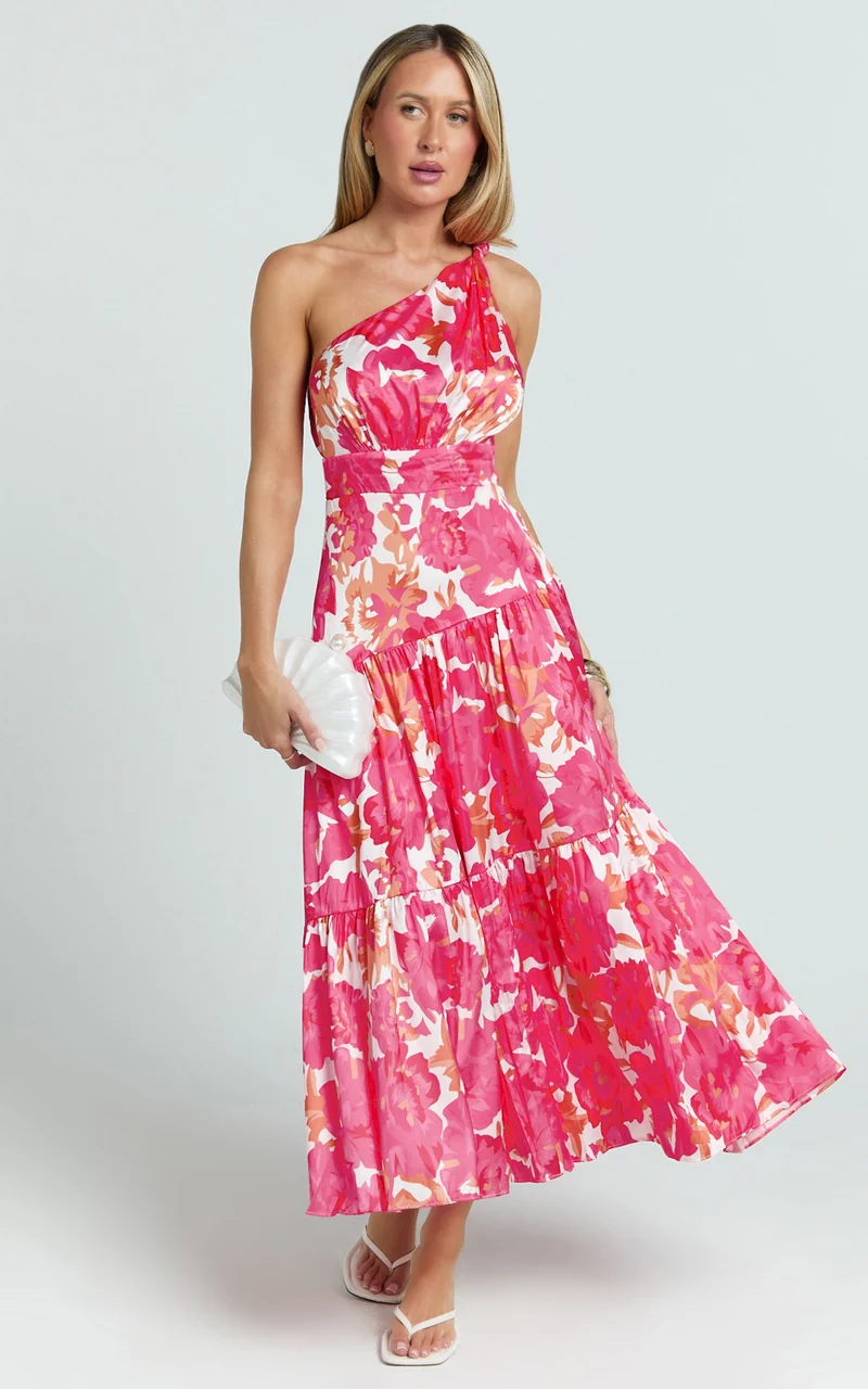 Georgine Midi Dress - One Shoulder Ruched Tiered Dress in Peony Blossom